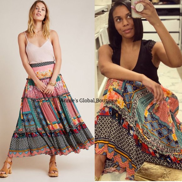 RARE NWT ANTHROPOLOGIE Bhanuni by Jyoti Celina Tiered Maxi Skirt. Size 0 - Picture 8 of 14